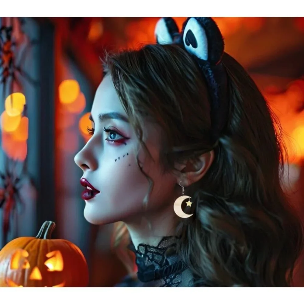 Women's Beige Acrylic Moon Star Cat Spooky Skull Skeleton Halloween Earrings